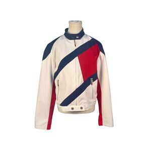 Vintage 2002 Tommy Jeans Red White Blue Full Zip Snap Strap Moto Biker Jacket L